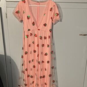 Peach Pink Tulle Dress with Sequin Strawberry Appliqués